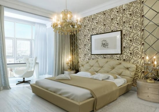Dormitor amenajat luxos cu tapet crem cu maro si nise 