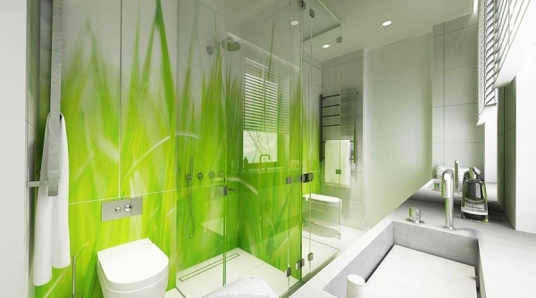 Placaj pereti baie cu sticla decorativa imprimata cu fire de iarba