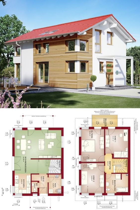 Casa parter+etaj cu trei dormitoare cu acoperis in doua ape din tabla ondulata rosie tencuiala alba si placaj local din lemn