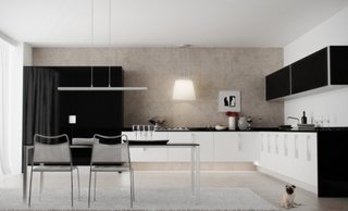 Bucatarie alb cu negru si mobilier in linii minimaliste