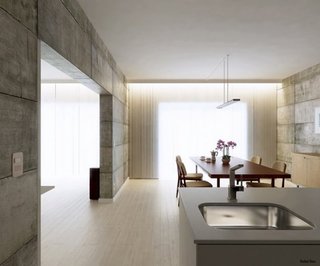 Bucatarie open space cu mobilier minimalist si pereti  din beton