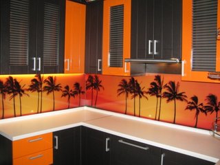 Perete cu sticla serigrafiata cu palmieri pe decor portocaliu