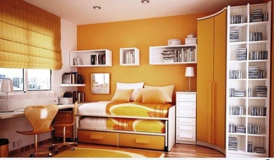 Dormitor mic cu alb si portocaliu