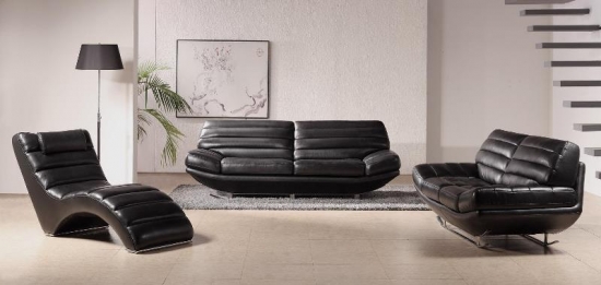 Set de canapea de doua locuri cu fotolii din piele neagra