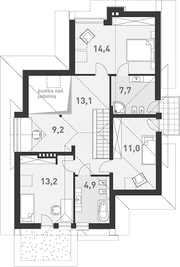Plan mansarda cu 3 dormitoare si 2 bai 73 mp
