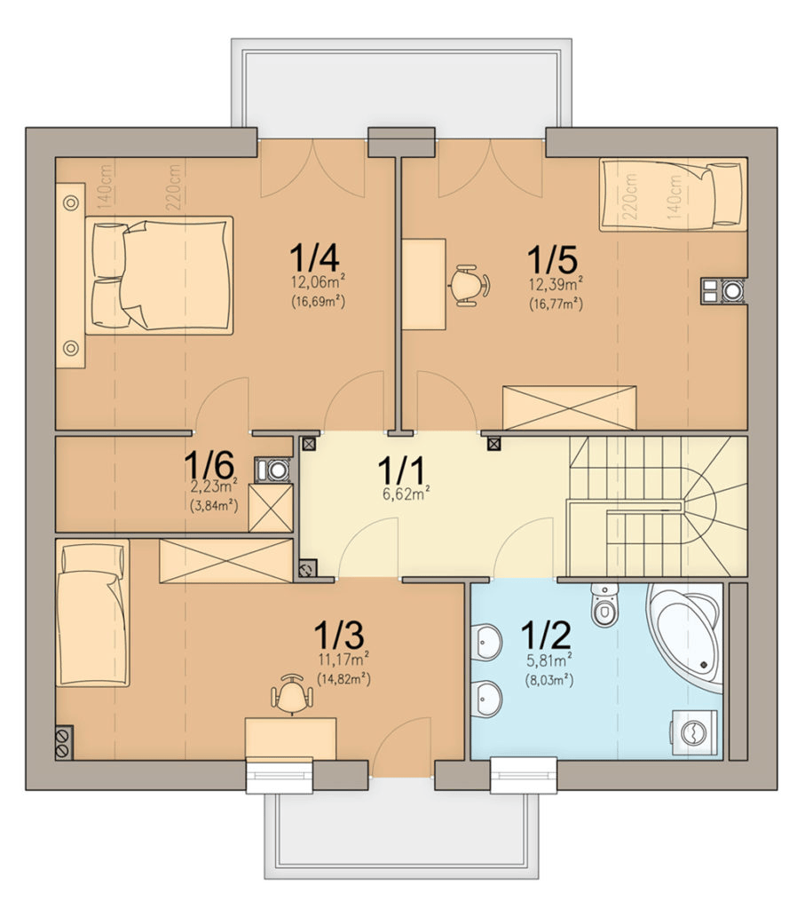 Plan etaj cu 3 dormitoare casa de 110 mp