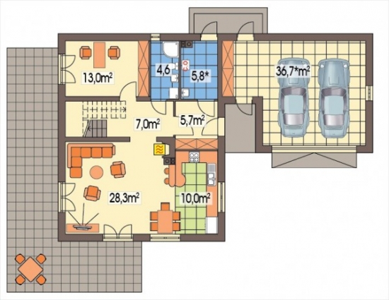 Plan parter casa cu 4 dormitoare si garaj dublu