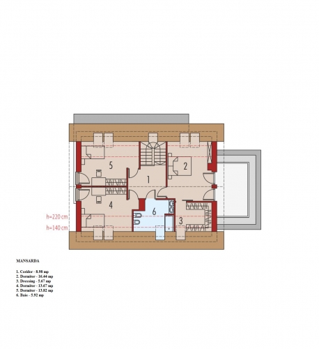 Plan etaj mansardat cu 3 dormitoare