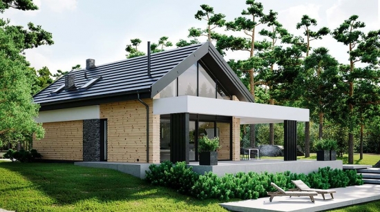 Casa moderna cu mansarda gri cu lemn