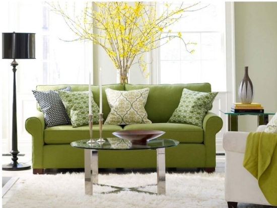 Amenajare living cu covor alb si canapea si decoratiuni verzi