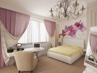 Dormitor in nuante pastel tapet cu orhidee