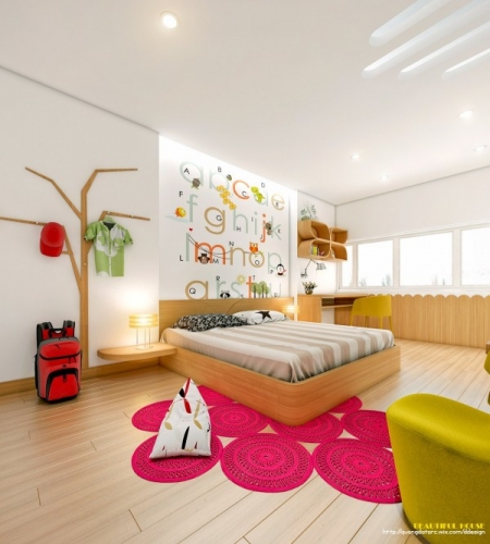 Mobilier din lemn natur si accente de roz si galben pentru dormitor de fete