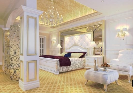 Dormitor cu decor alb auriu 