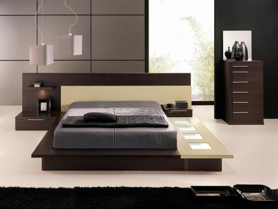 Pat dormitor cu platforma de lemn si spoturi LED