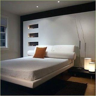 Dormitor in combinatia alb cu negru si pat in stil asiatic