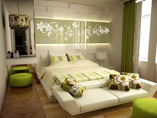 Dormitor amenajat in stil scandinav cu pete verzi de culoare