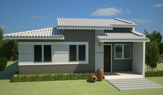 Casa mica moderna cu fatada gri cu alb gradina verde