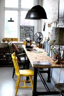 Birou acasa amenajat in stil industrial cu scaun colorat cu galben