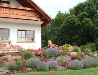 Gradina in fata casei amenajata cu flori colorate