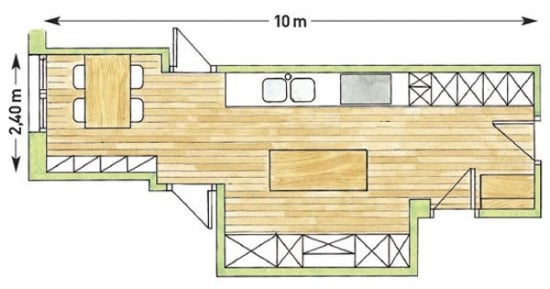 Plan 3 D amenajare bucatarie lunga prelungita in balcon