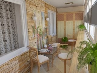 Balcon cu tapet decorativ stil piatra aparenta si mobilier din bambus