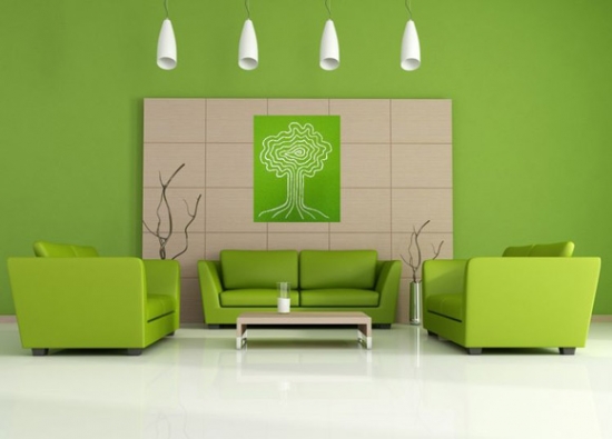 Living minimalist decorat in verde parz