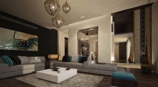 Living cu mobilier modern si accente decorative marocane