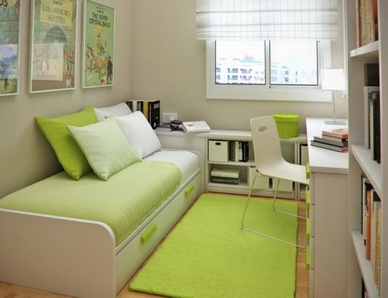 Dormitor mic pentru copii cu mobila alb cu vernil