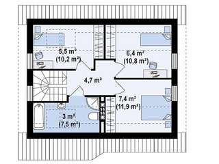 Plan etaj casa cu 3 dormitoare la etaj constructie BCA