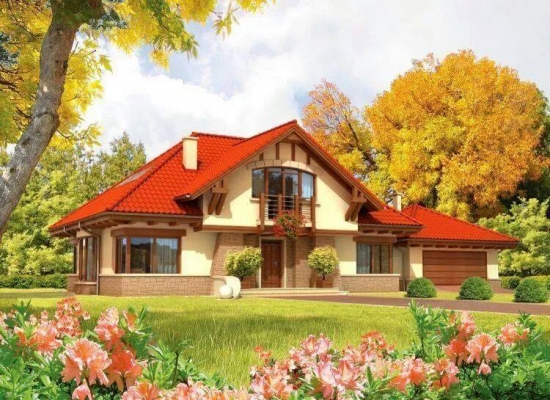 Model fatada casa cu soclu de piatra si acoperis rosiatic
