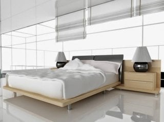 Dormitor minimalist cu podea din ciment slefuit si jaluzele simple