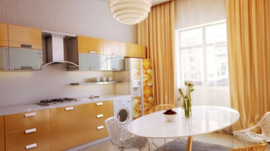 Bucatarie de apartament moderna cu mobilier si draperie caramel
