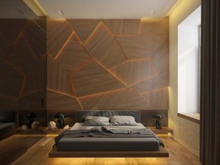 Dormitor cu perete placat cu lemn