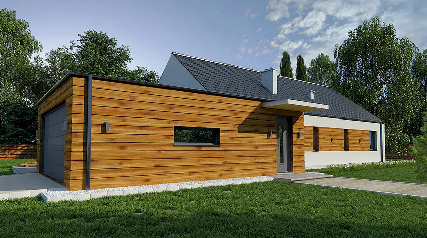 Model de casa cu parter si garaj placata cu lemn