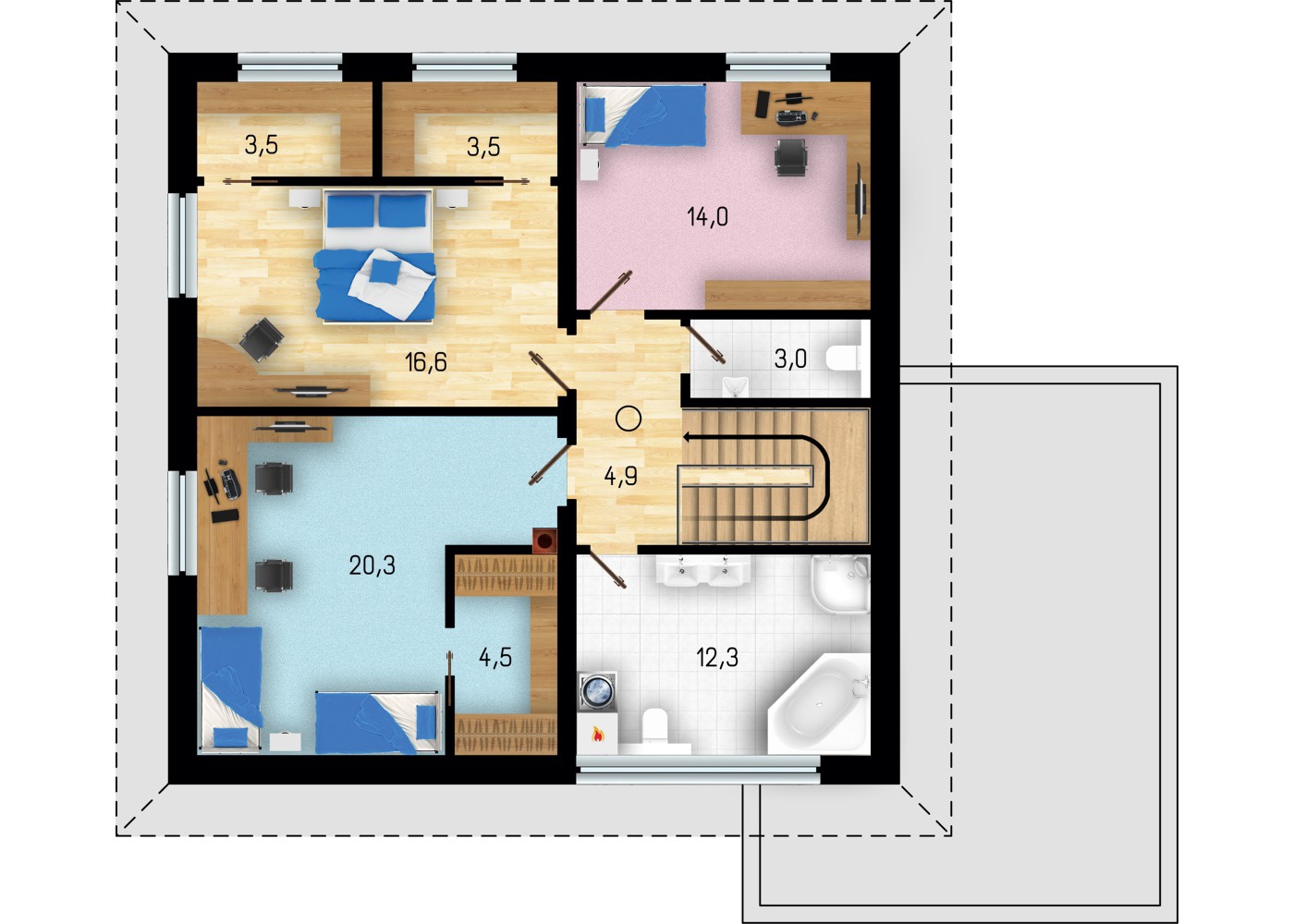 Plan etaj cu 3 dormitoare si 2 bai