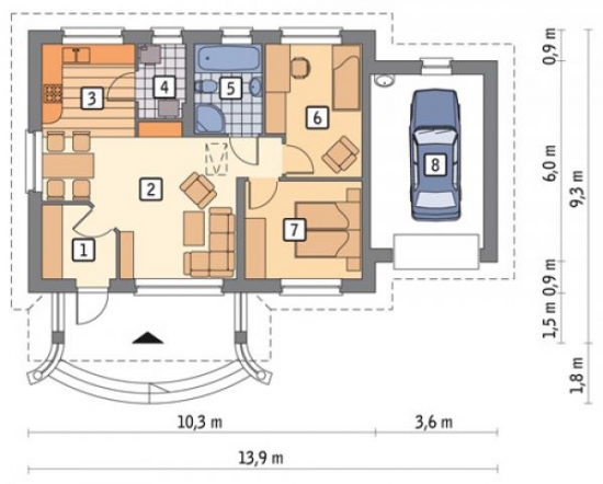 Plan casa doua dormitoare si garaj