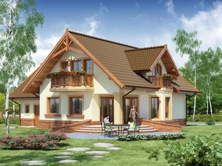 Model de casa cu mansarda si balcoane din lemn