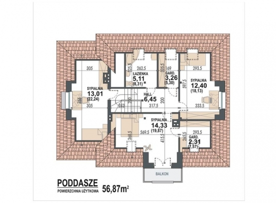 Etaj de 56 mp cu 3 dormitoare - proiect III