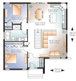 2 Plan casa cu 2 dormitoare suprafata 10.2 pe  10.8 metri