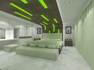 Dormitor amenajat modern cu lumini verzi deasupra patului
