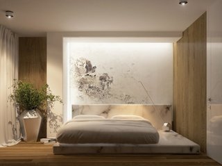 Dormitor cu pat cu cadru si tablie din marmura