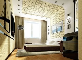 Idee de folosire a tapetului pe tavanul dormitorului
