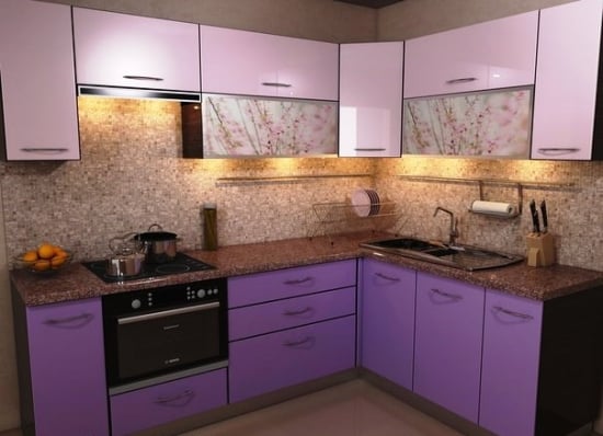 Mobilier violet bucatarie moderna