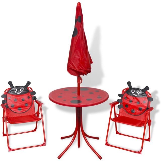 Set mobilier de exterior, cu umbrelă, copii, roșu, cu buburuze